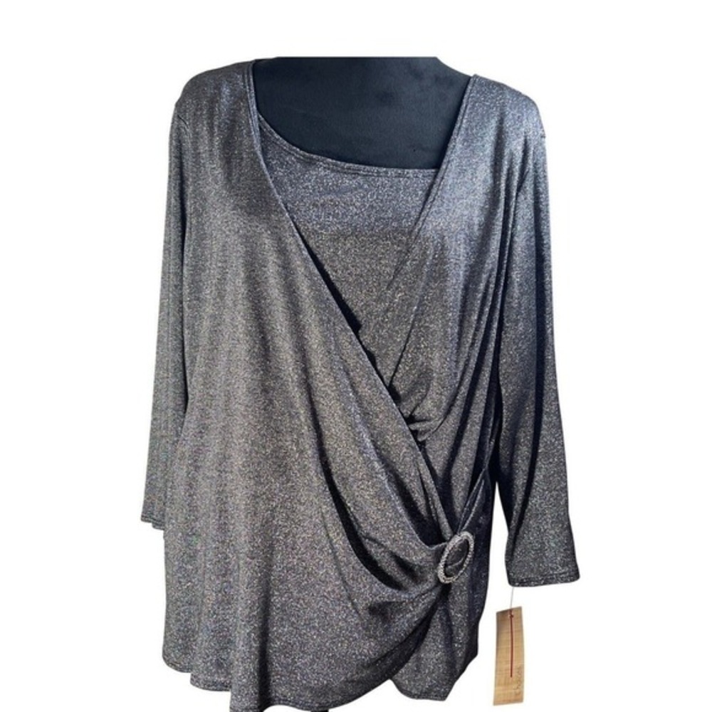 Choices Sparkle Metallic Draped Wrap Top Rhinestone Buckle 2X vtg y2k‎ dressy